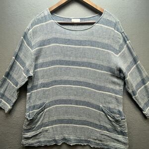 J Jill Pure Jill Shirt Womens Large Blue Striped Linen Cotton 3/4 Sleeve Pockets